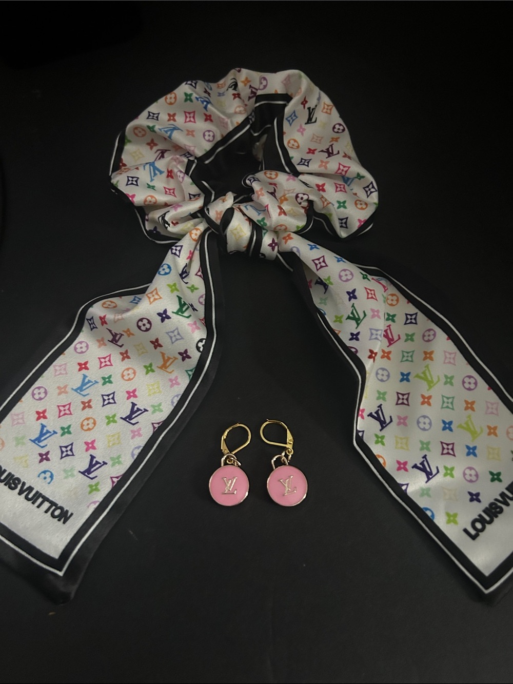 Multicolor Monogram Silk Bow Scrunchie with Pink LV Charm Earrings